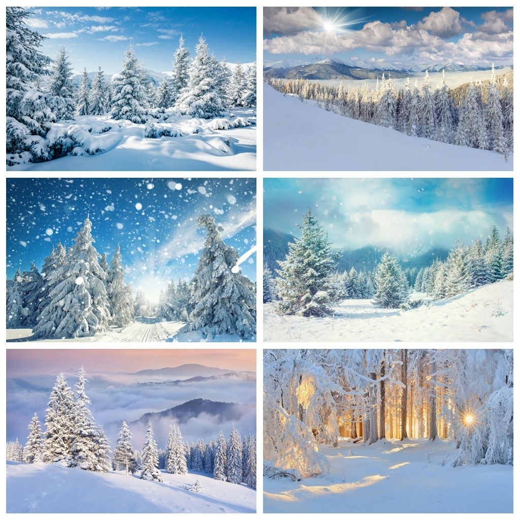 Dreamy Winter Photophone Forest Pine Trees Snow Mountains Interior Home Decro Photography Backdrop Photo Backgrounds Photozone