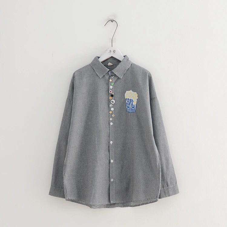 Хлопковая рубашка с длинными рукавами и пуговицами вышитым мультяшным