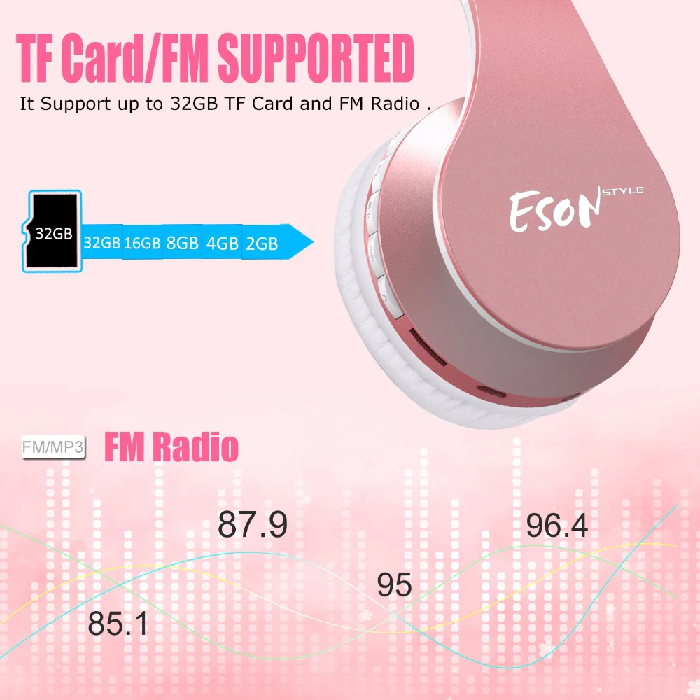 Складные наушники Eson, bluetooth-наушники на ухо с мягкими наушниками-розовое золото