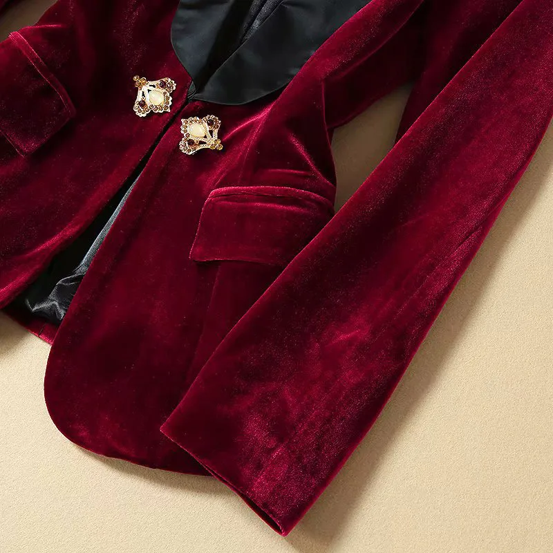 velvet 2 piece set women office work suits business casual women outfits wine red long sleeve deep v neck jacket+ long pants