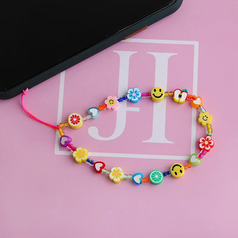

New Summer Colorful Soft Clay Mobile Phone Chain Lanyards for Women Girls Bohemia Smile Pearl Rope for Phone Case Hanging Cord