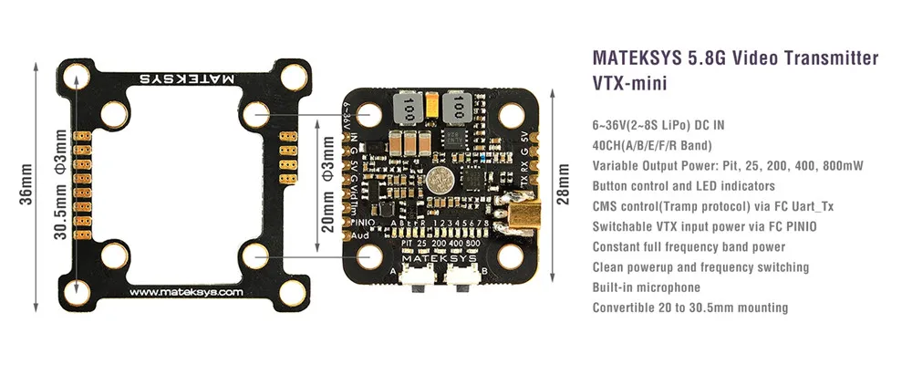 Matek System Mateksys VTX-MINI VTX мини 5,8G 40CH Pit/25/200/400/800 МВт FPV видео передатчик VTX для небольшой гоночный Дрон с видом от первого лица
