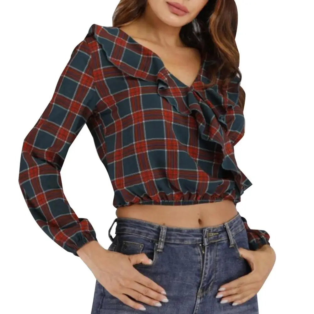 

Winter Women Ruffle Splice Plaid Printing Long Sleeve Casual Blouse Tops #2O28