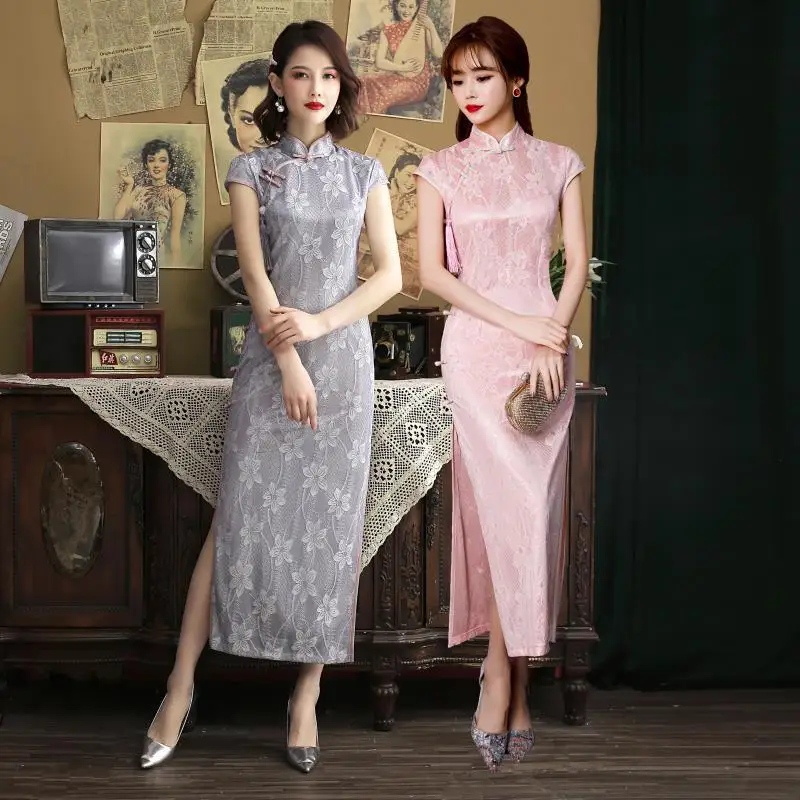 Новое поступление винтажное кружевное платье Ципао с цветочным принтом