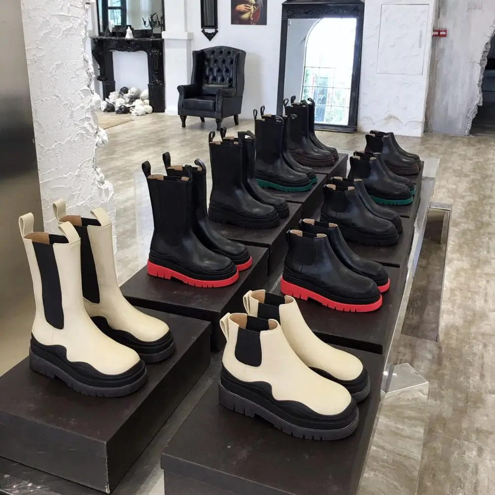 

2021 New Boots Women Genuine Leather Women Shoes Thick Bottom Botas De Mujer Round Toe Chelsea Mid-Calf Boots Winter Women Boots