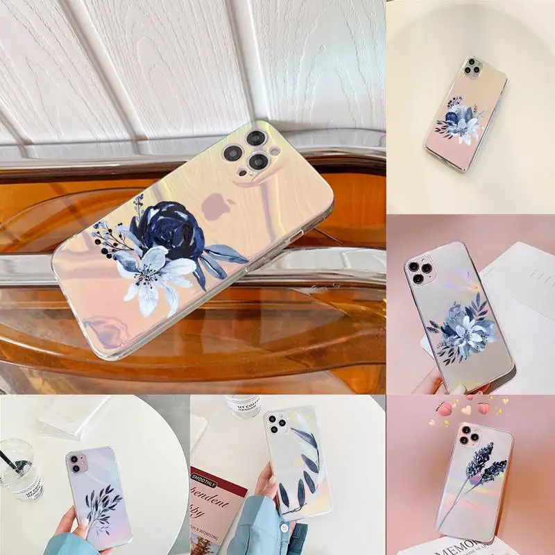 

Blue tree branch leaf flower2 Phone Case for iPhone huawei P 7 8 9 11 12 10 30 40 S X XS XR MINI Pro Max Plus laser Transparent