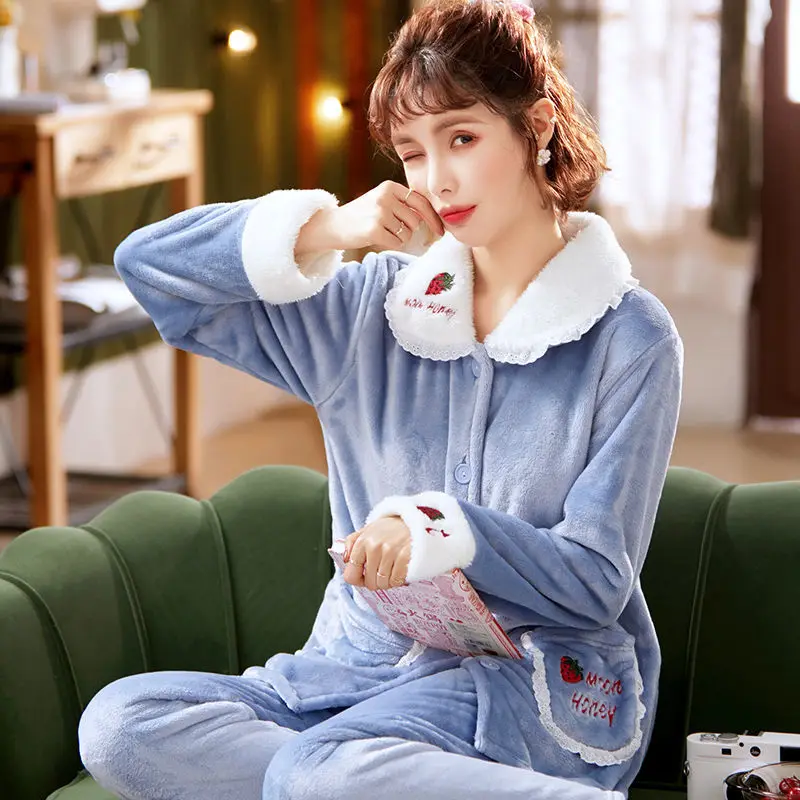 Women's Lace Pajamas Sexy Sleepwear Set Women Embroidery Pajama Set Long  Pant Hot Warm Flannel Winter  Homewear Big Size