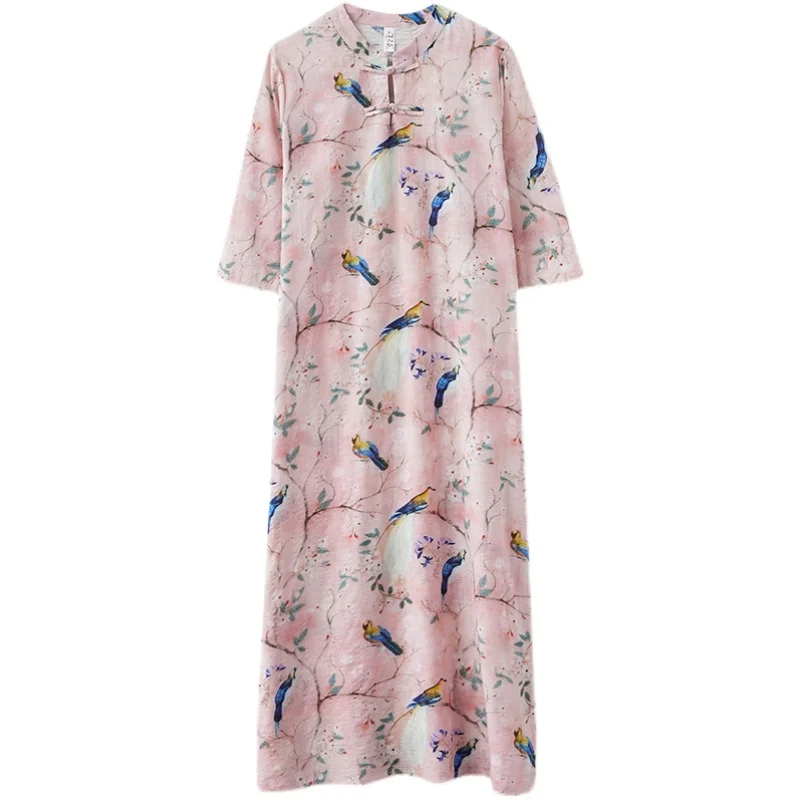 

COIGARSAM National Wind Cotton Linen Women dress New Cheongsam Vintage Print Dresses Pink 5555