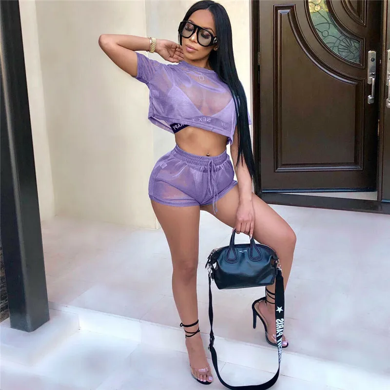 

Sexy Women Two Piece Hollow Mesh Sheer Short Sleeve T-shirt Crop Tops Shorts Tracksuit High Waist Lace-up Short Pants