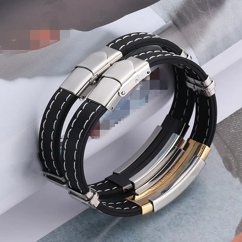 

Fashion jewelry vintage Black Rubber Wristband Silicone Stainless Steel Men Bracelets Bangles for Women Pulseras Hombre
