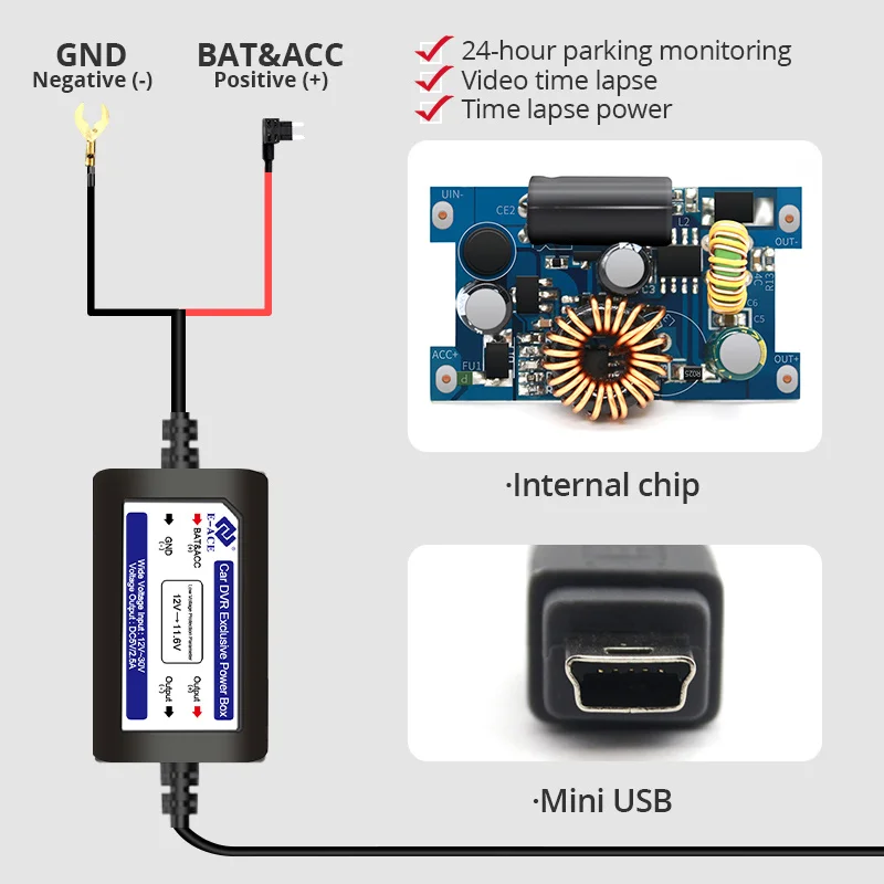 E-ACE Buck Line 3.5 Meter Car Charger Hard Wire Hardwire Kit for Dash Cam Reaview Mirror 24H Parking Monitoring Cars Accessories |