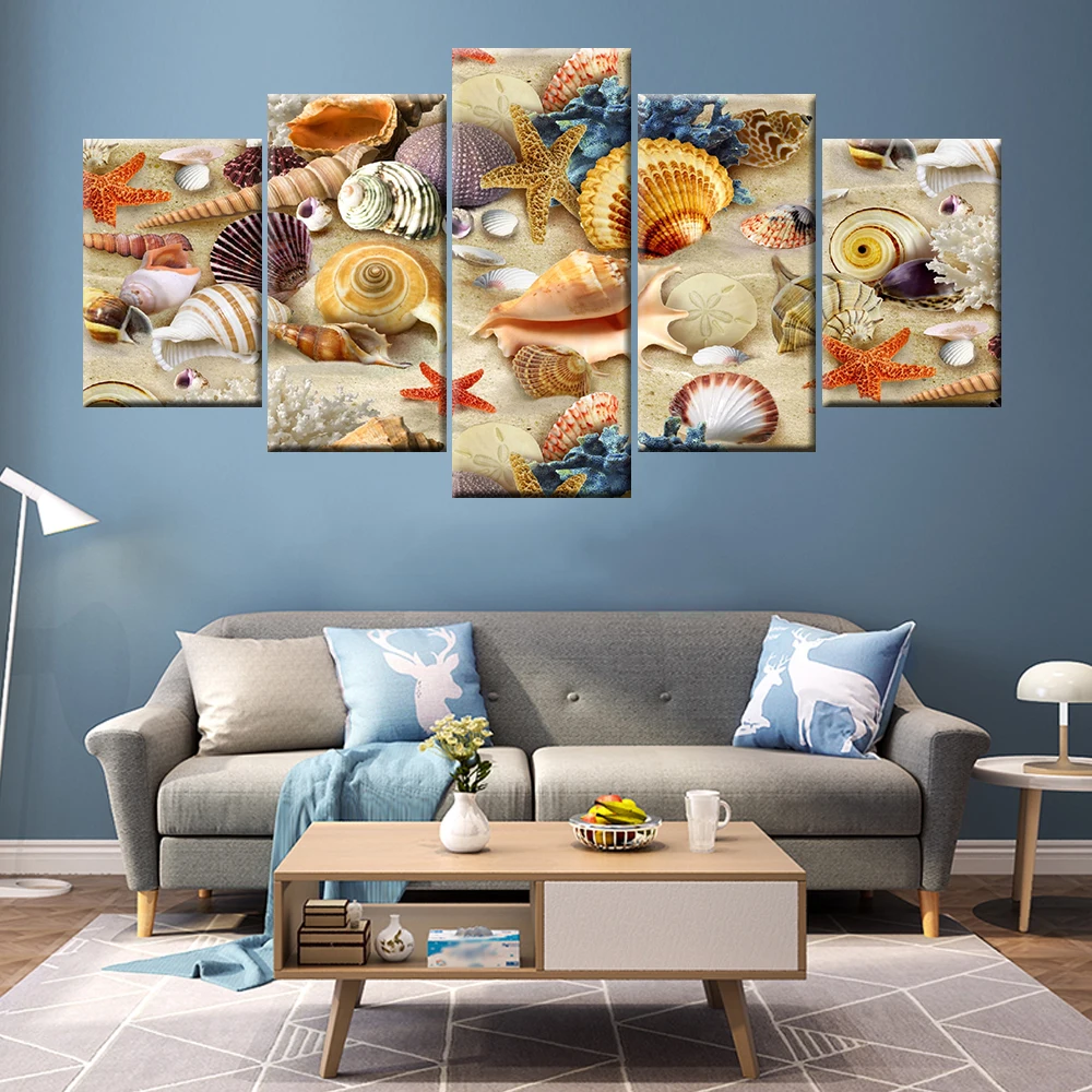HD печать 5 панелей Холст Картина Морская звезда ракушка Настенная картина