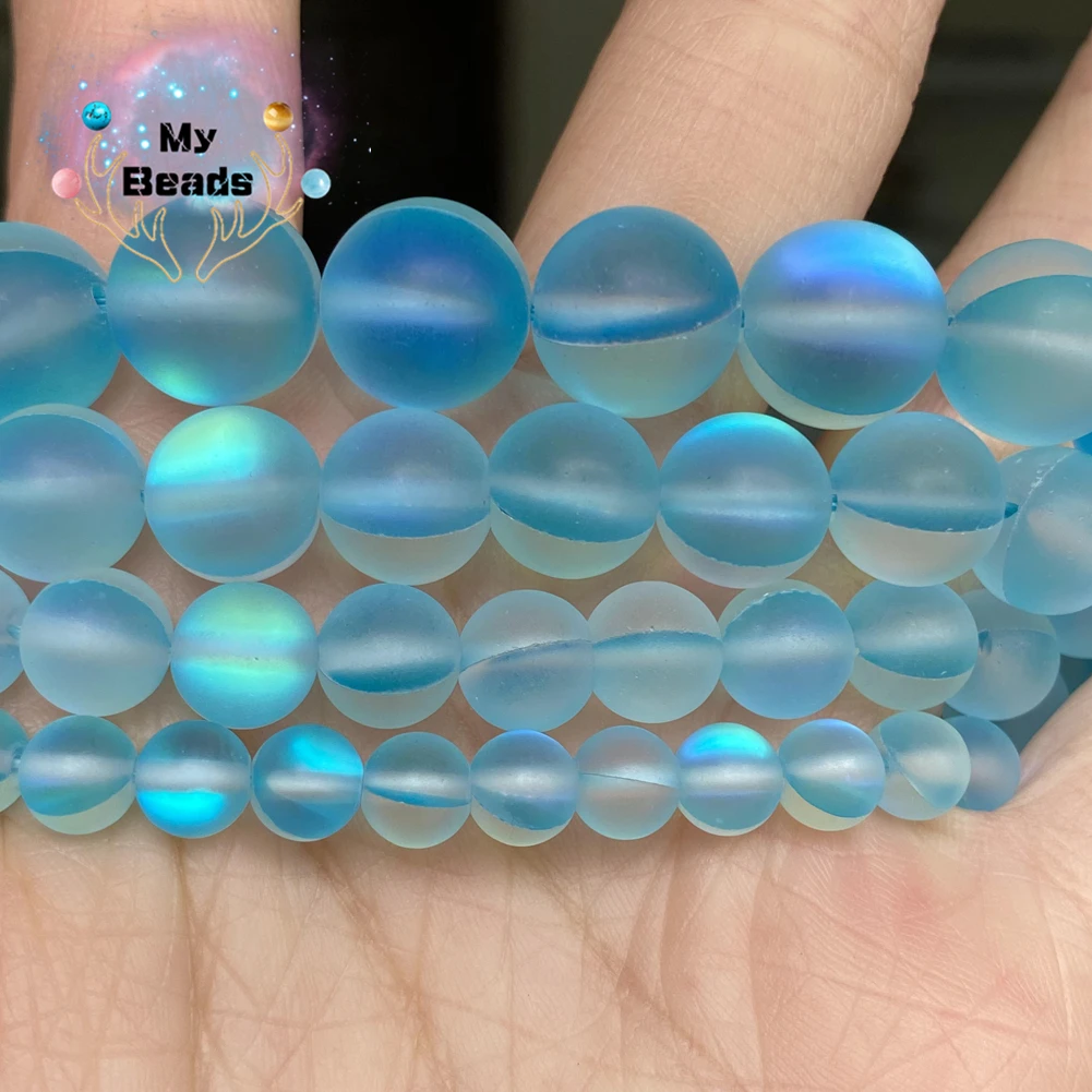 

Matte Lake Blue Austrian Crystal MoonStone Beads Round Glitter Loose Beads For Jewelry Making Diy Bracelet Charm 6 8 10 12mm 15”
