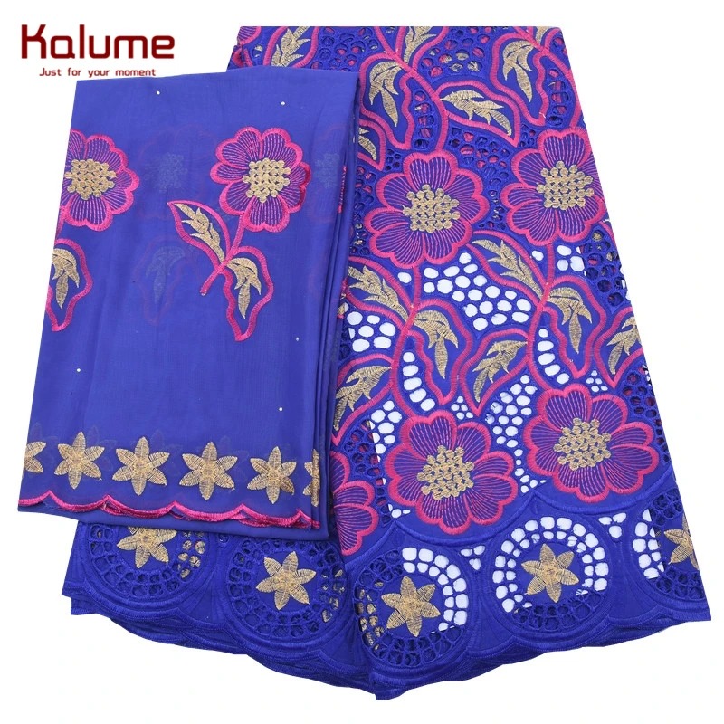 Kalume Royal Blue African Lace Fabric 5+2Yards With Headcloth Nigerian Swiss Cotton Stones For Dress Party F2029 | Дом и сад