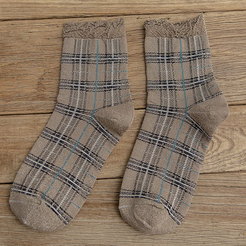 Новинка Осень 2019 женские носки в британском стиле клетку золотистые и