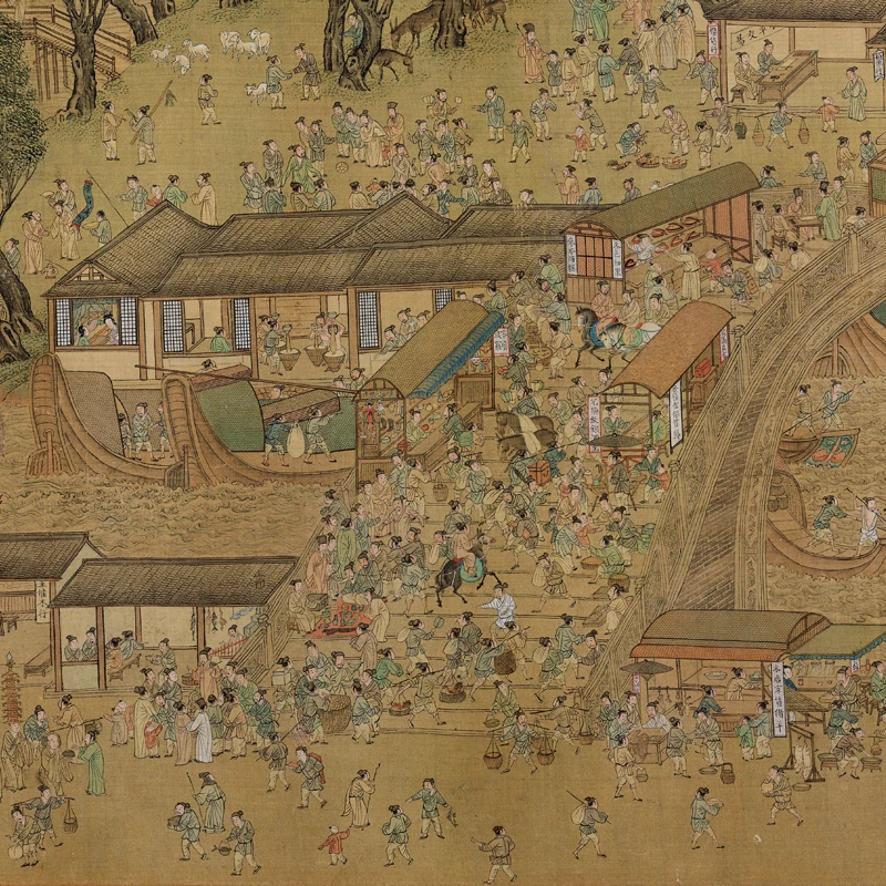 Qiu Ying в династии Мин реки Китая на фестивале Qingming древние иероглифы