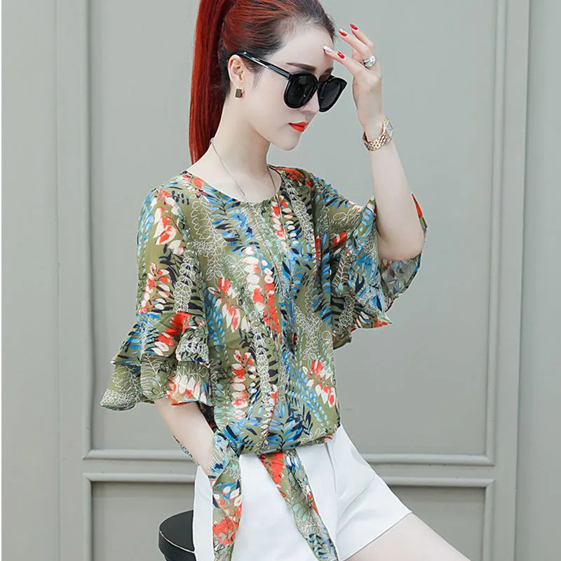 Женские шифоновые блузки рубашки в повседневном стиле с цветочным принтом и