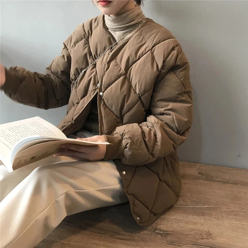 Women's Winter Short Coat Korean Solid Casual Oversize Parkas Women Single Breasted Puffer Jacket Rhombus Pattern Warm Outerwear