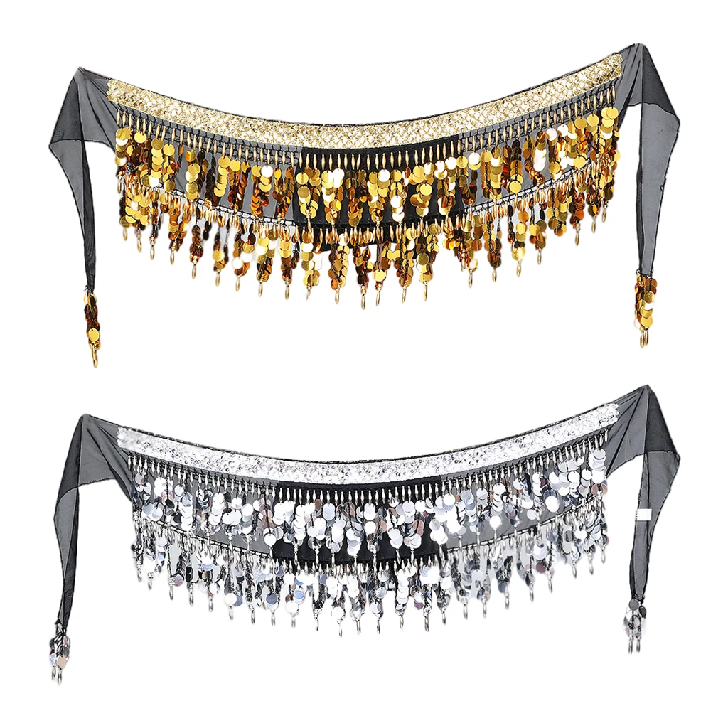 Женский набедренный платок для танца живота шифоновый с бахромой и блестками