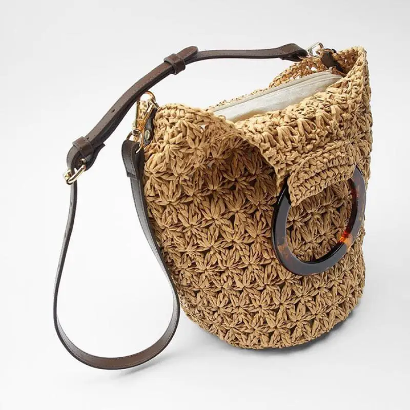 

Summer Handmade Crocheted Straw Women Shoulder Bag Round Acrylic Handle Women Handbags Big Capacity Beach Ratten Lady Hand Bags