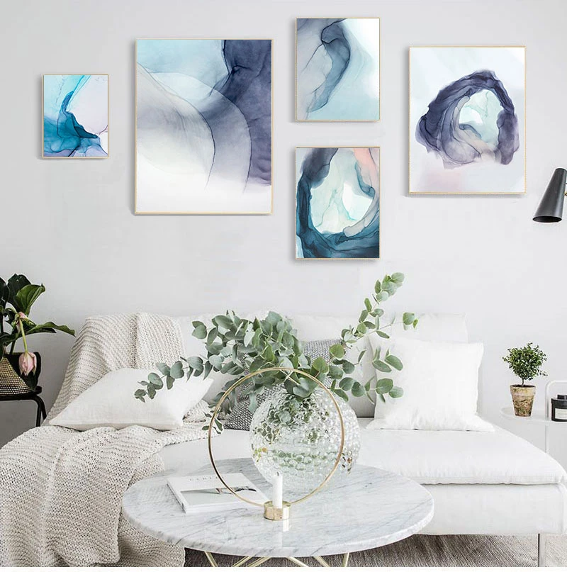 

Nordic Blue cloud Wall Art Canvas Painting Abstract Watercolor texture lines Art Poster Print Wall Picture for Living Room Decor