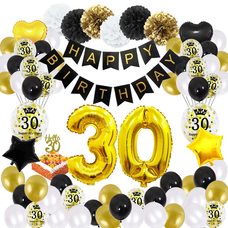 

51pcs/set 30 Birthday Party Decorations Man Woman Happy Birthday 30 Years Man Anniversaire Deco Black Gold Balloons