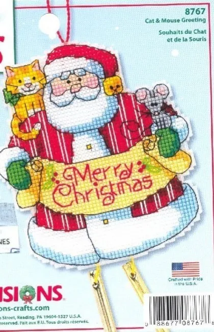

MM cross stitch Kits Counted Cross Stitch Kit Merry Christmas Santa Cat and Mouse Greeting Wind Chimes Windbell Ornament DIM