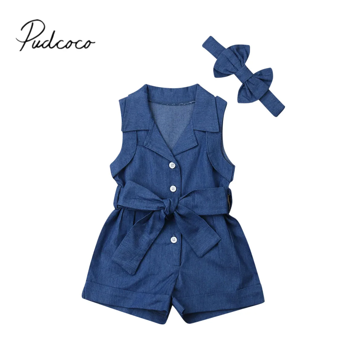 Летняя одежда для малышей маленьких девочек джинсовый комбинезон с поясом