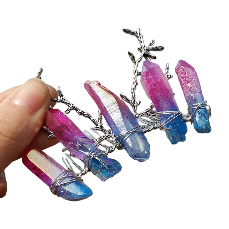 

Rainbow Raw Crystal Hair Comb Metal Branches Antlers Tiara Jewelry Hairpin Clip M5TE