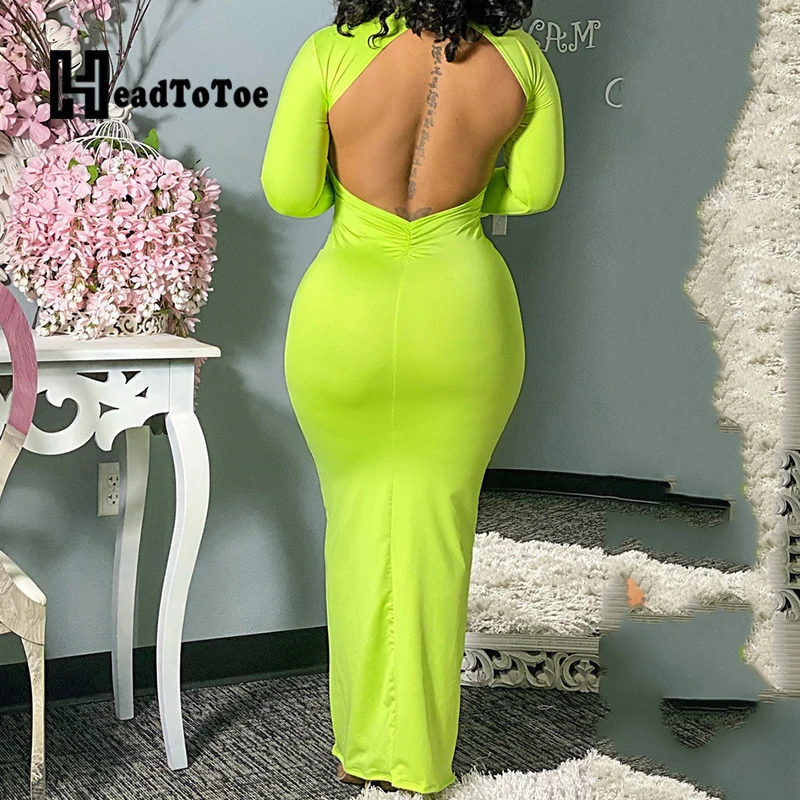 

Solid Hallow Out Pleated Sexy Party Backless Dresses for Women Full Sleeve High Neck Ankle Length Skinny Long Dress Woman