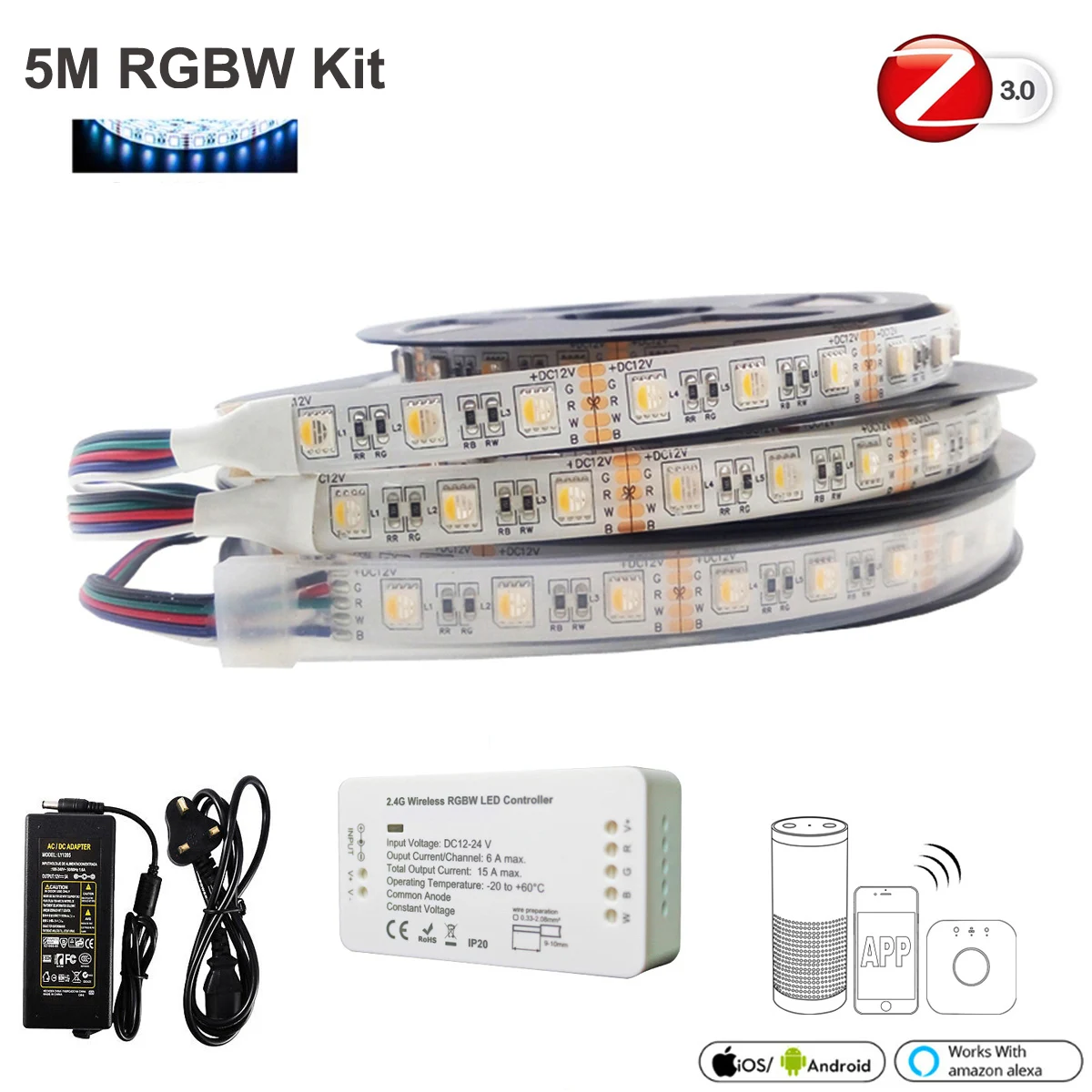 5M RGBW Kit ZigBee ZLL RGBW контроллер+ 5 м/10 м 12 В/24 В RGBW RGBWW 4в1 5050 60 светодиодный s светодиодный блок питания совместимый с Alexa Echo - Испускаемый цвет: 5M RGBW Kit
