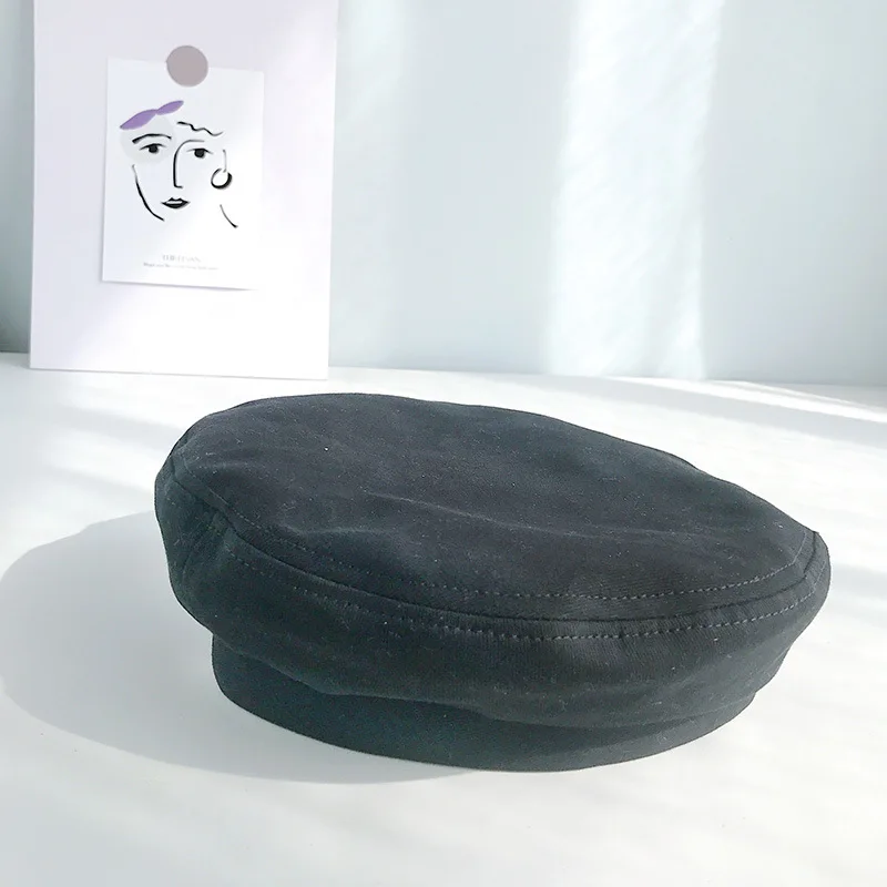 Black Хлопковый берет для девочек, чистый цвет, дышащая Весенняя и летняя шляпа для прогулок, универсальная трехмерная художественная шляпа для художника, винтажный тренд - Цвет: Black