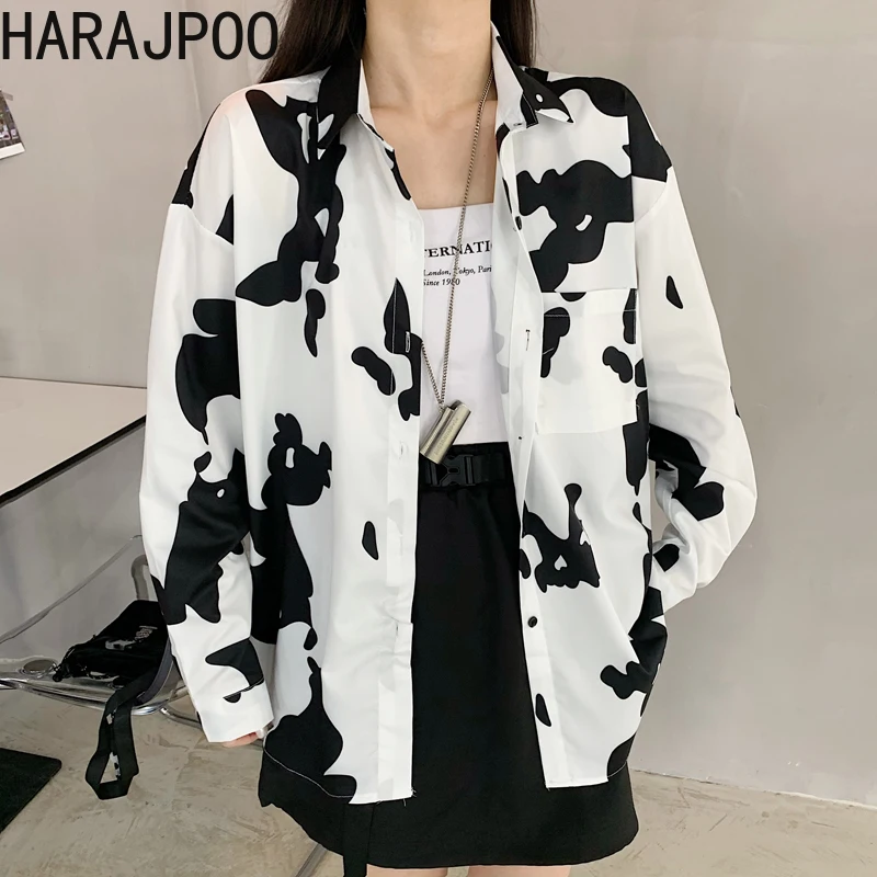 

Harajpoo Women Shirts 2021 Spring Autumn Korean Version New Design Sense Long-sleeved Loose Printed Bf Fashion Ins Blouses Tide