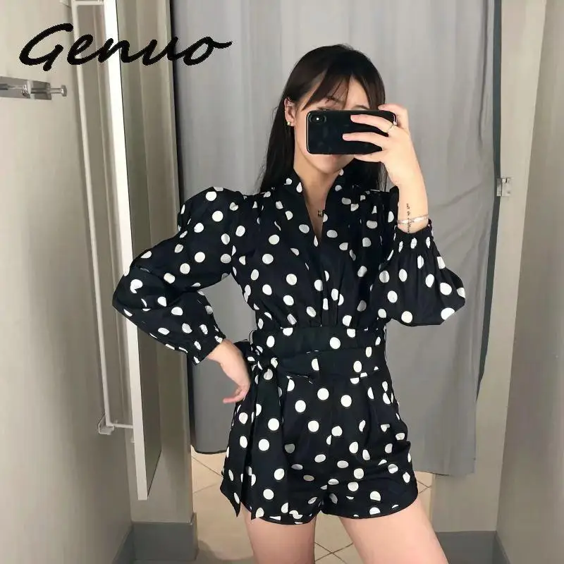 Женский винтажный короткий комбинезон Za черный в горошек с длинным рукавом и