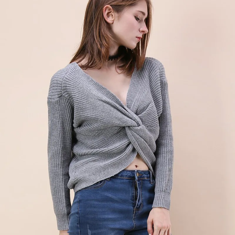 

Jbersee Autumn Sexy Knitted Sweater Women Vintage Cross Criss Pullover Women Casual V Neck Sexy Loose Jumper Woman Sweaters