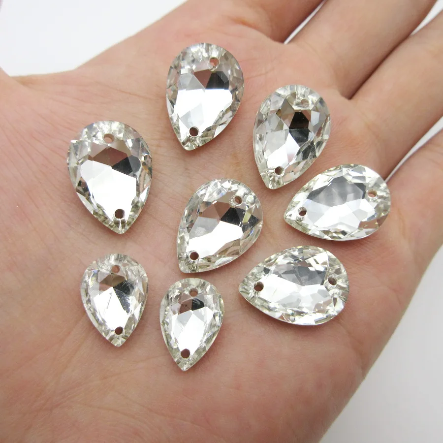 Shinning clear Glass Crystal strass Pointback with two holes DR teardrop shape rhinestones sew on wedding dress accessories diy | Дом и сад