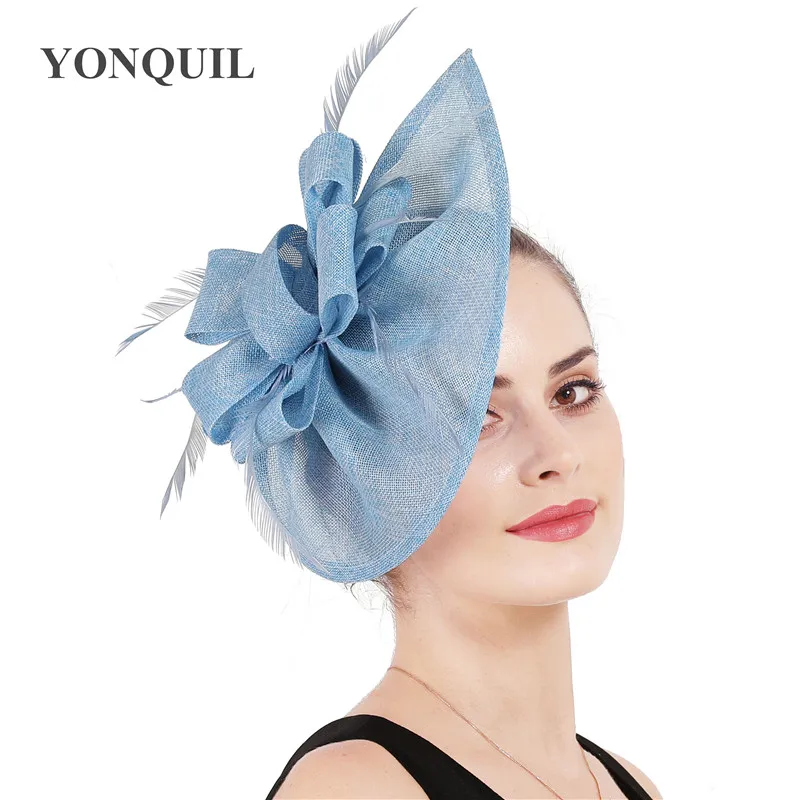 LIGHT BLUE Винтажные большие Дерби женские зеленые вуалетки шляпы элегантные женские события перо гоночный головной убор аксессуары для волос шляпы для женщин SYF66 - Цвет: LIGHT BLUE