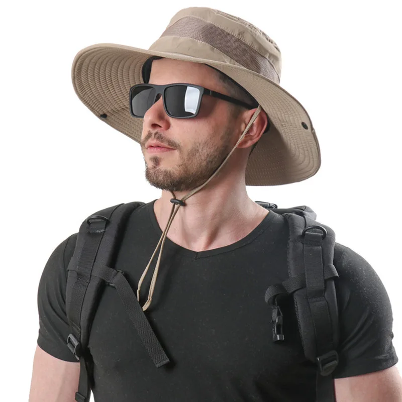 

Men's Waterproof Fisherman Hat Safari Cap with Button String Wide Brim Breathable Sun Hat Packable Boonie Bucket Hat for Fishing