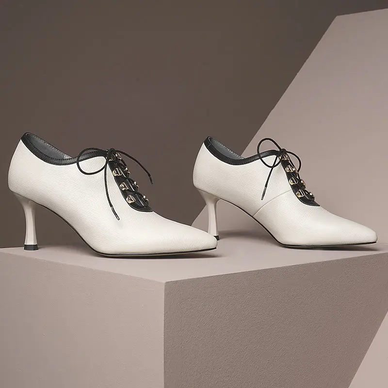 

high quality lace up women poined toe shoes sexy cow leather high heels party women pumps spring thin heels office ladies shoes