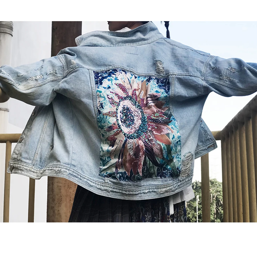 

YAMDI long sleeve Outerwear female jacket boho Denim jacket for women autumn Sequin floral appliques Embroidery jackets coat new