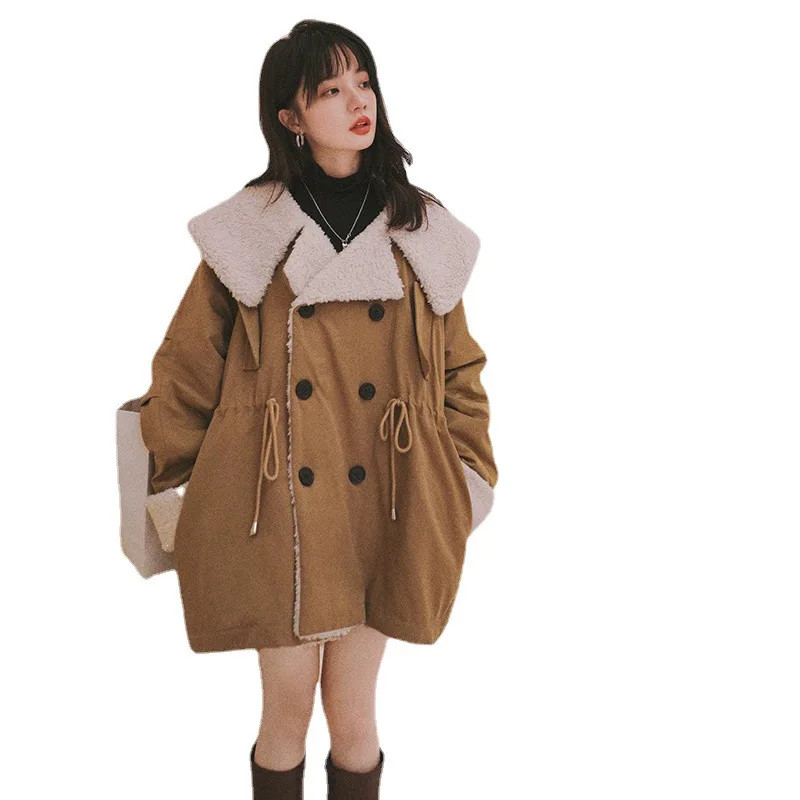 New Mid-length Large Lapel Lamb Wool Coat Tooling Parker Coat Plus Velvet Korean Loose Cotton Coat Women