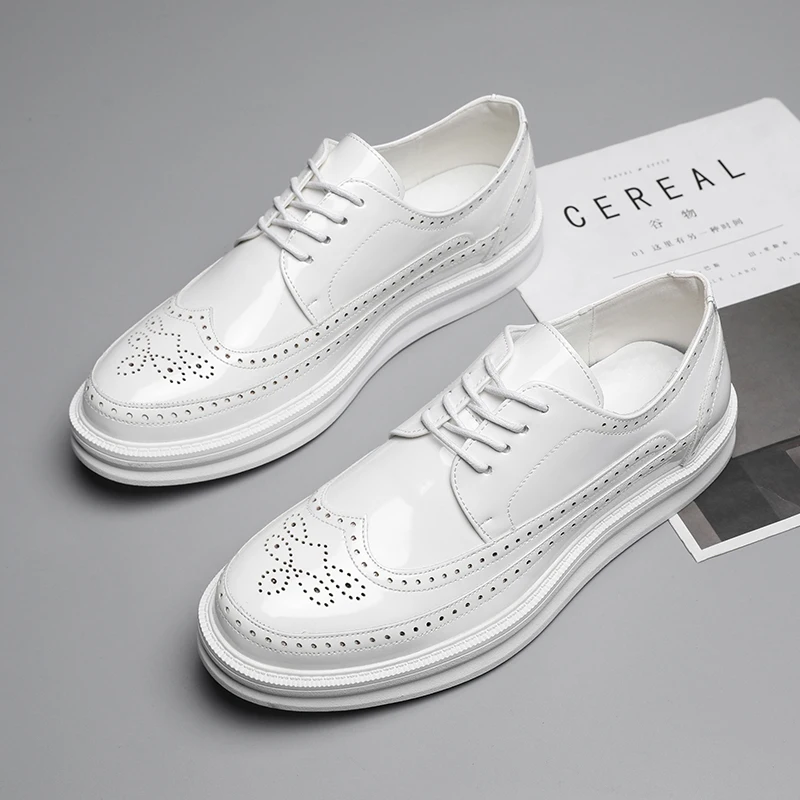 

Men Formal Shoes White Leather Business Casual Shoes Fashion Man Evening Dress Office Wedding Oxfords Male Hollow Out Footwear