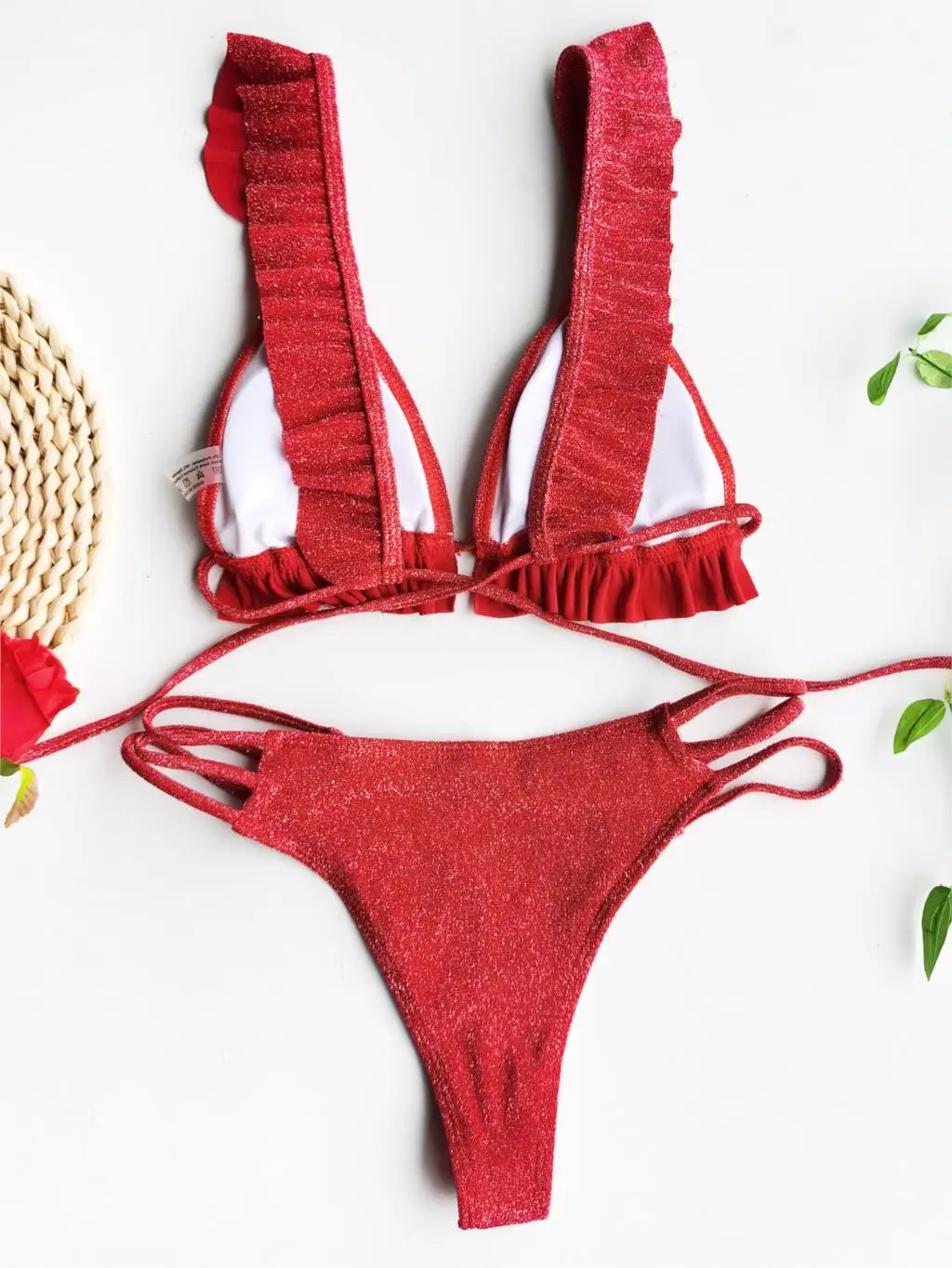 

Women Bikinis Ruffle Frill Two Piece Bathing Suit ATUOH Sexy Solid Color Glitter Swimwear High Cut Beachwear Swimsuit