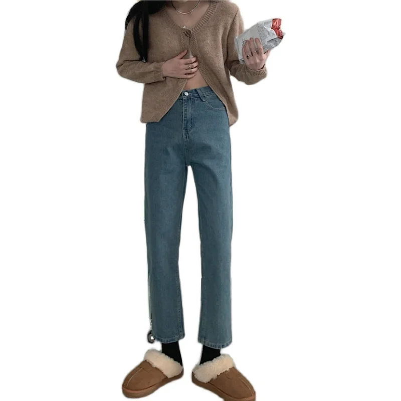 

High Waist Jeans Women Loose Straight Slim Solid Color Korean Style Vintage Mom Jeans Mujer Casual Denim Trousers Elegant