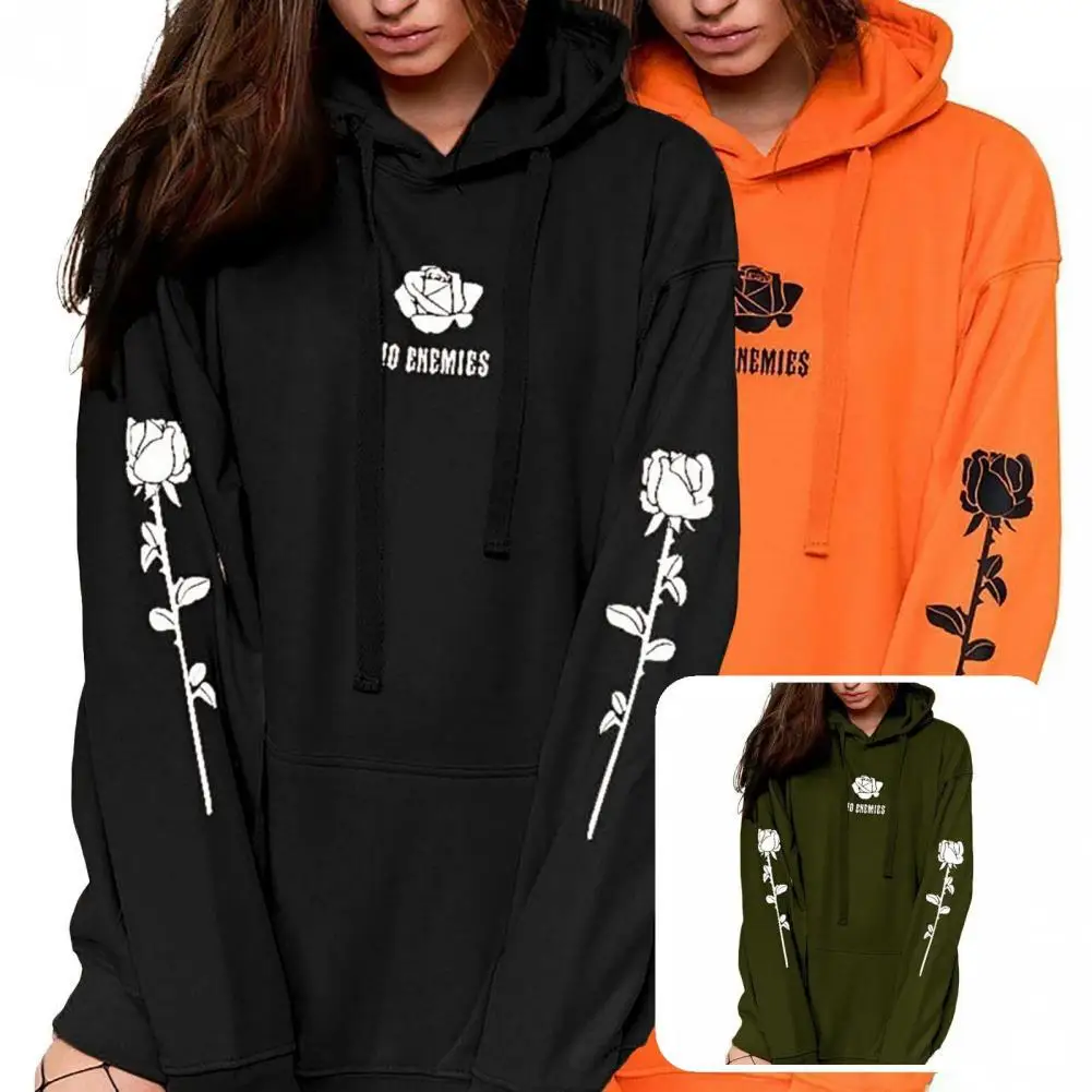 

Pullover Sweatshirt All-Match Fleece Lining Stretchy Vivid Rose Flower Print Casual Sweatshirt Lady Hoodie for Home