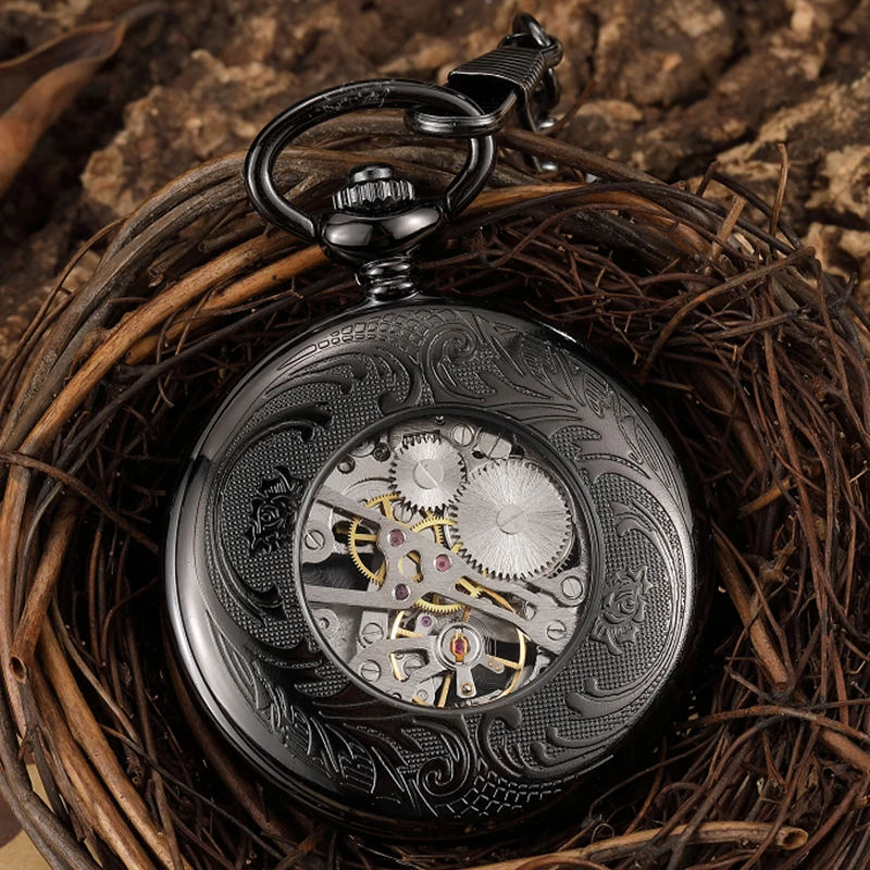 Roman Numeral Mechanical Pocket Watch Luxury Sliver Vintage Steampunk Blue Stone Diamond Skeleton Fob Chain Clock for Men Women