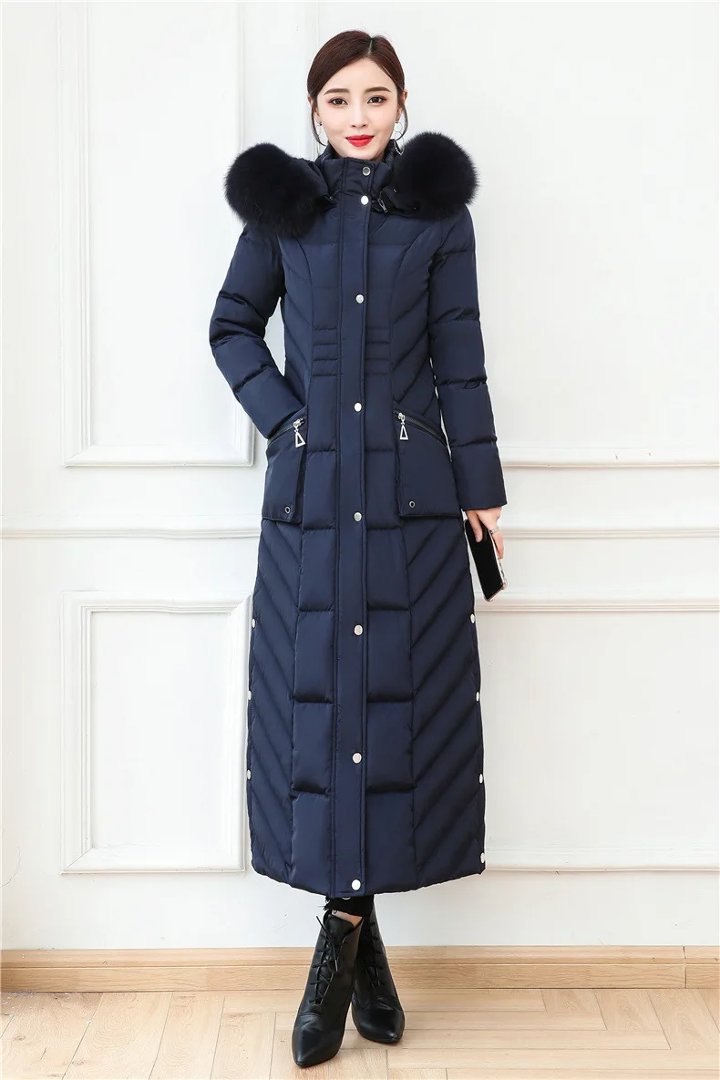 S- 4XL plus size Winter over the knee X-long 90% Duck down coat female X-Long thick warm Down Jacket real fox fur Parkas F442