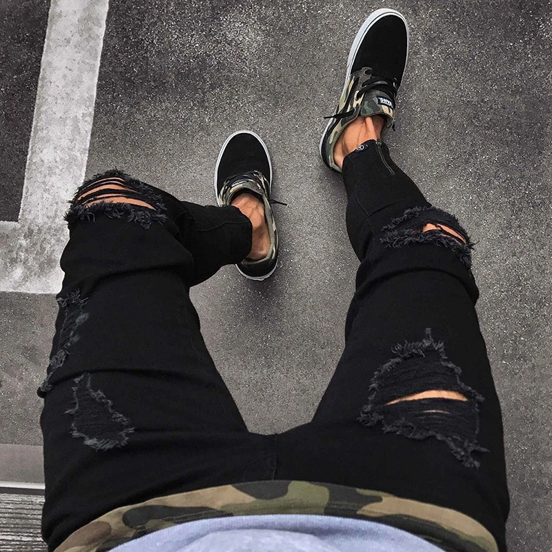 

Man Skinny Jeans Knee Ripped Hole Destroyed Distressed Pencil Pants Stretchy Denim Trousers New Shredded Hole Jeans