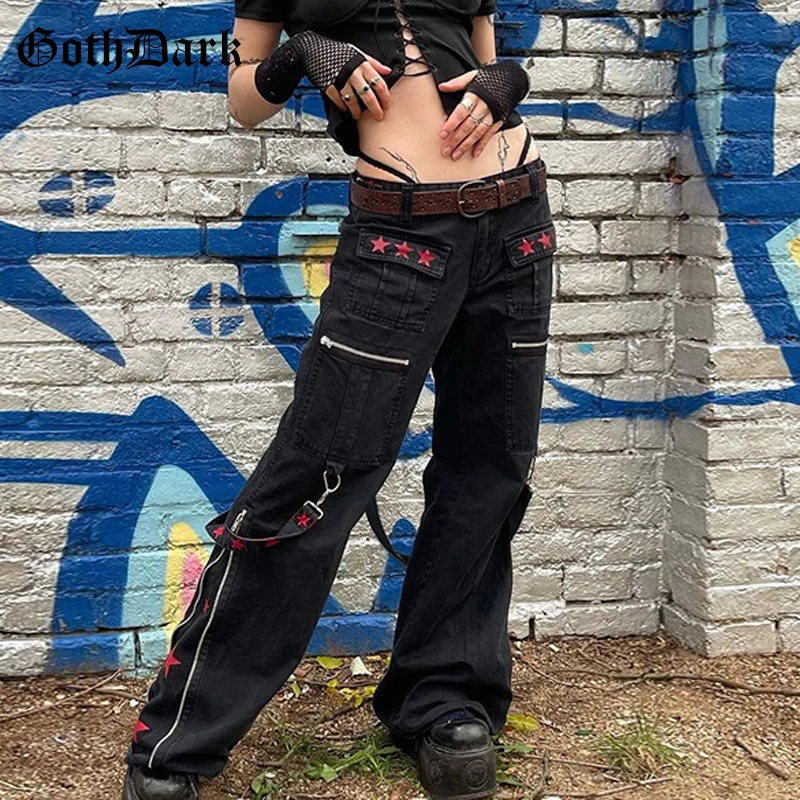 

Goth Dark Y2k Punk Harajuku Low Waist Electro Denim Pants Gothic Grunge Patchwork Streetwear Jeans With Removable Strap Trousers