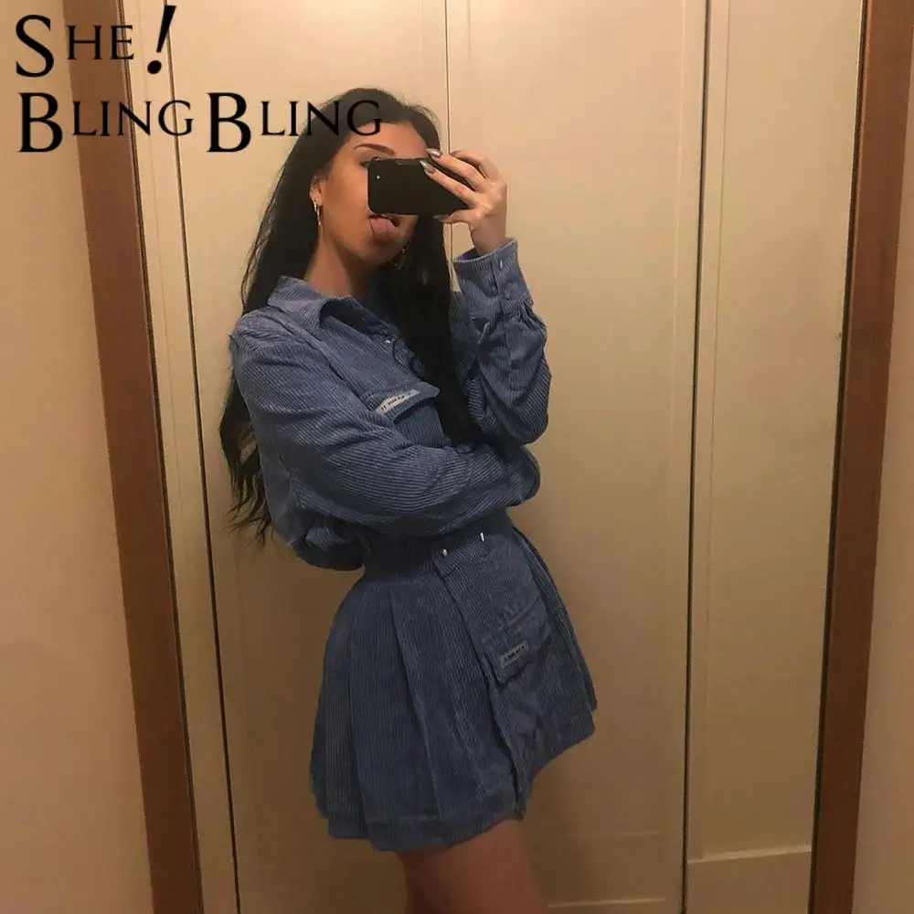 Модная женская джинсовая юбка SheBlingBling в рубчик Осень Зима Повседневное пальто с